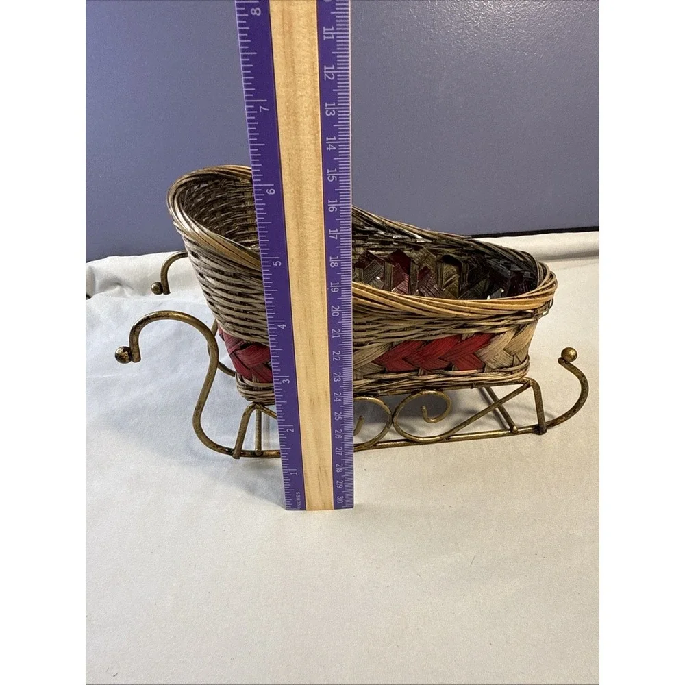 Vintage Christmas Wicker Sleigh Basket with Gold-Tone Metal Runners